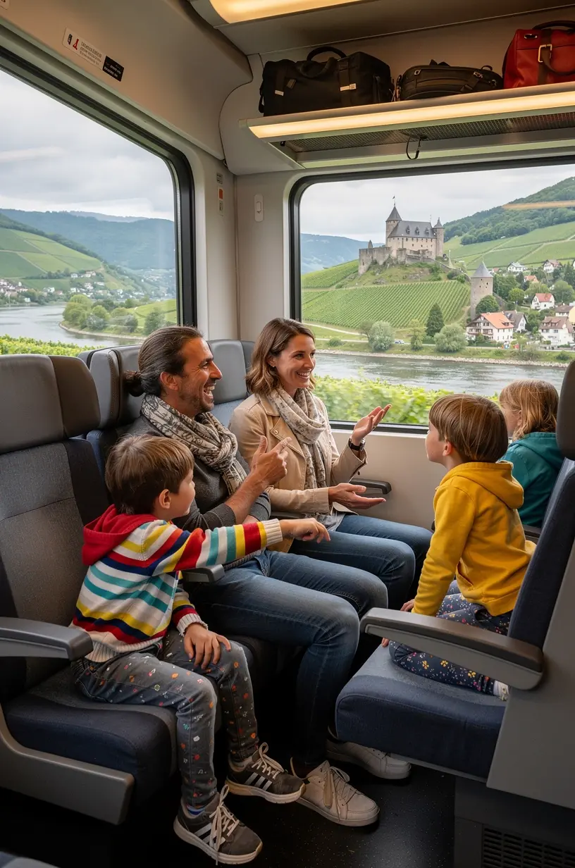 Eltern und Kinder planen gemeinsam eine entspannte Tagesroute mit einfachen Transfers und Spielpausen.